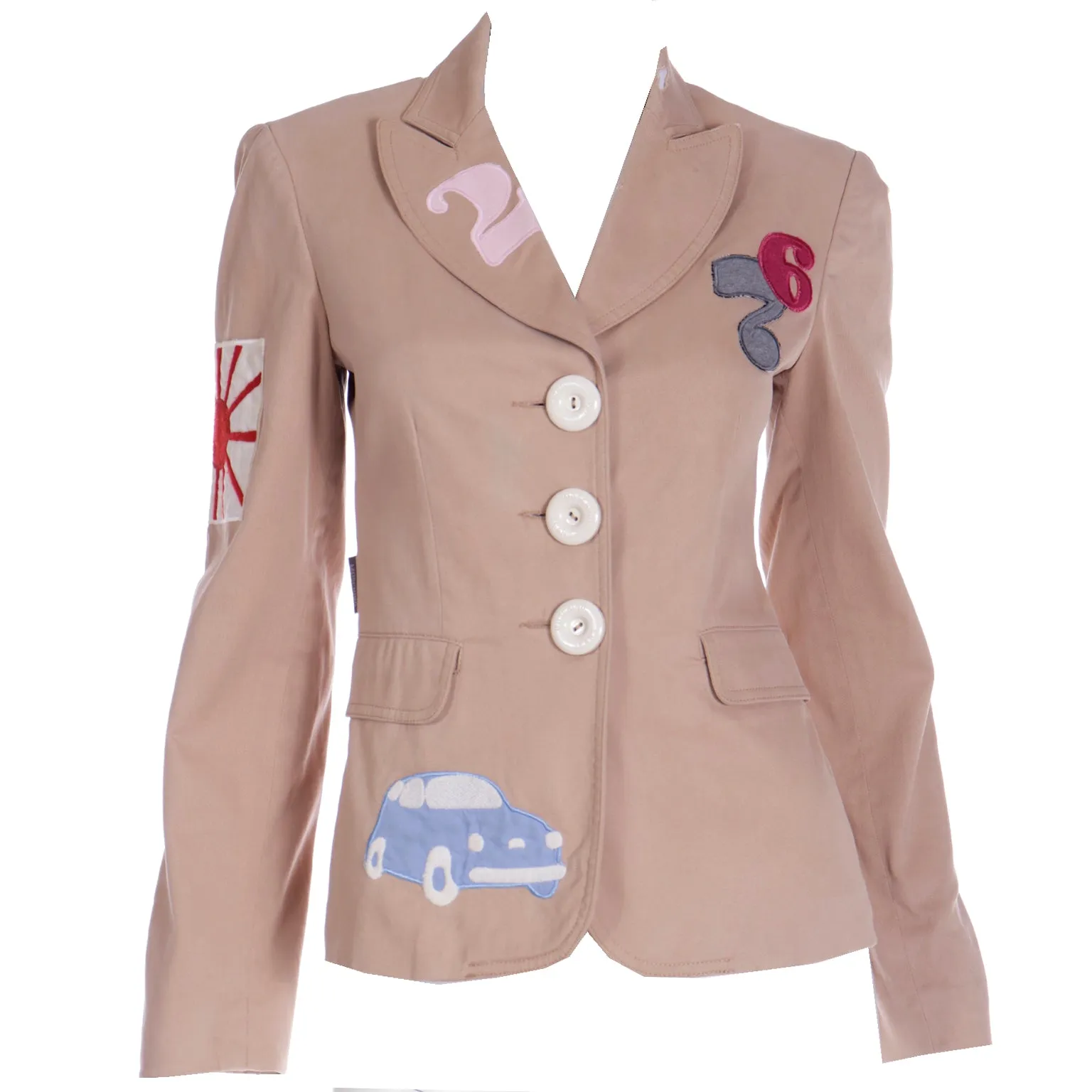 1990s Moschino Jeans Italy Vintage Applique Beige Blazer Jacket