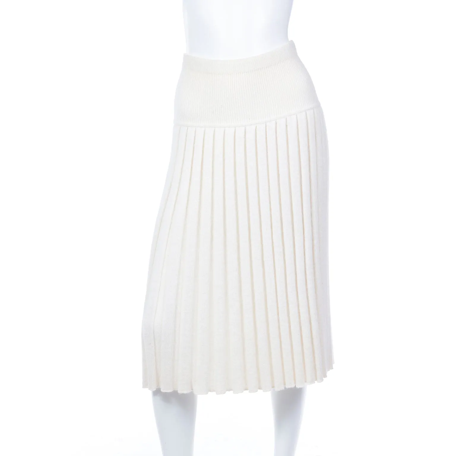 1990s Yves Saint Laurent Ivory Cashmere Pleated Knit Skirt