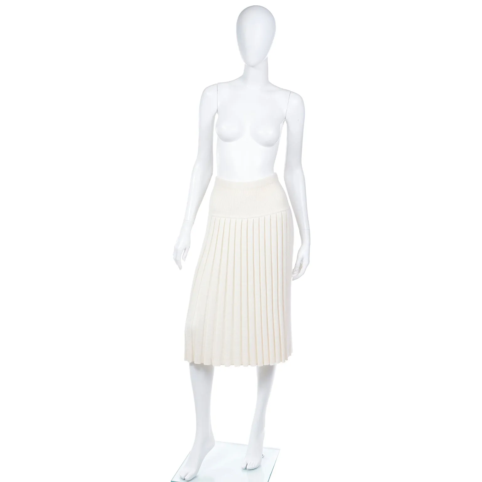 1990s Yves Saint Laurent Ivory Cashmere Pleated Knit Skirt