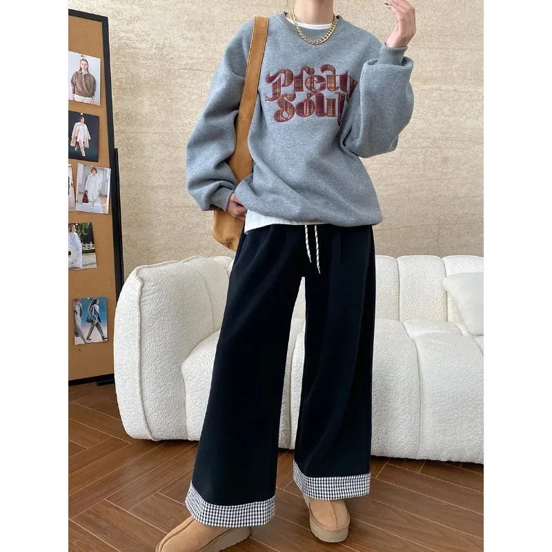 Amozae-Autumn Casual Outfits Amozae-Casual Letter Patch Embroidered Sweatshirt Women Round Neck Loose Fleece Hoodie