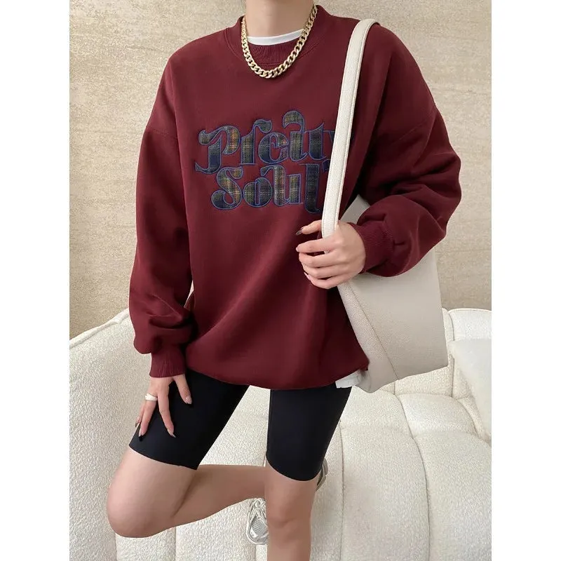 Amozae-Autumn Casual Outfits Amozae-Casual Letter Patch Embroidered Sweatshirt Women Round Neck Loose Fleece Hoodie