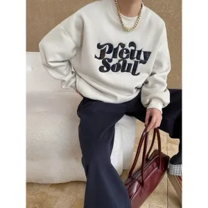 Amozae-Autumn Casual Outfits Amozae-Casual Letter Patch Embroidered Sweatshirt Women Round Neck Loose Fleece Hoodie