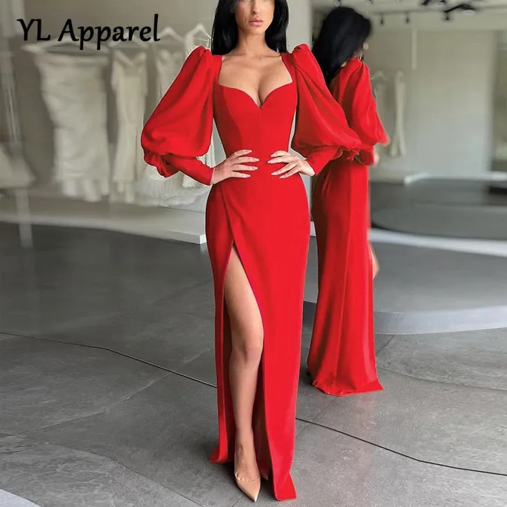 Amozae-Graduation Gift Big Sale  Women's Dress Elegant Tunics Pull Sleeve High Split Evening Party Dresses Y2K Tight Long Maxi Formal Vestidos Red Black 2024