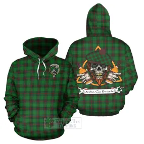 Anstruther Tartan Hoodie with Family Crest and Bearded Skull Holding Bottles of Whiskey