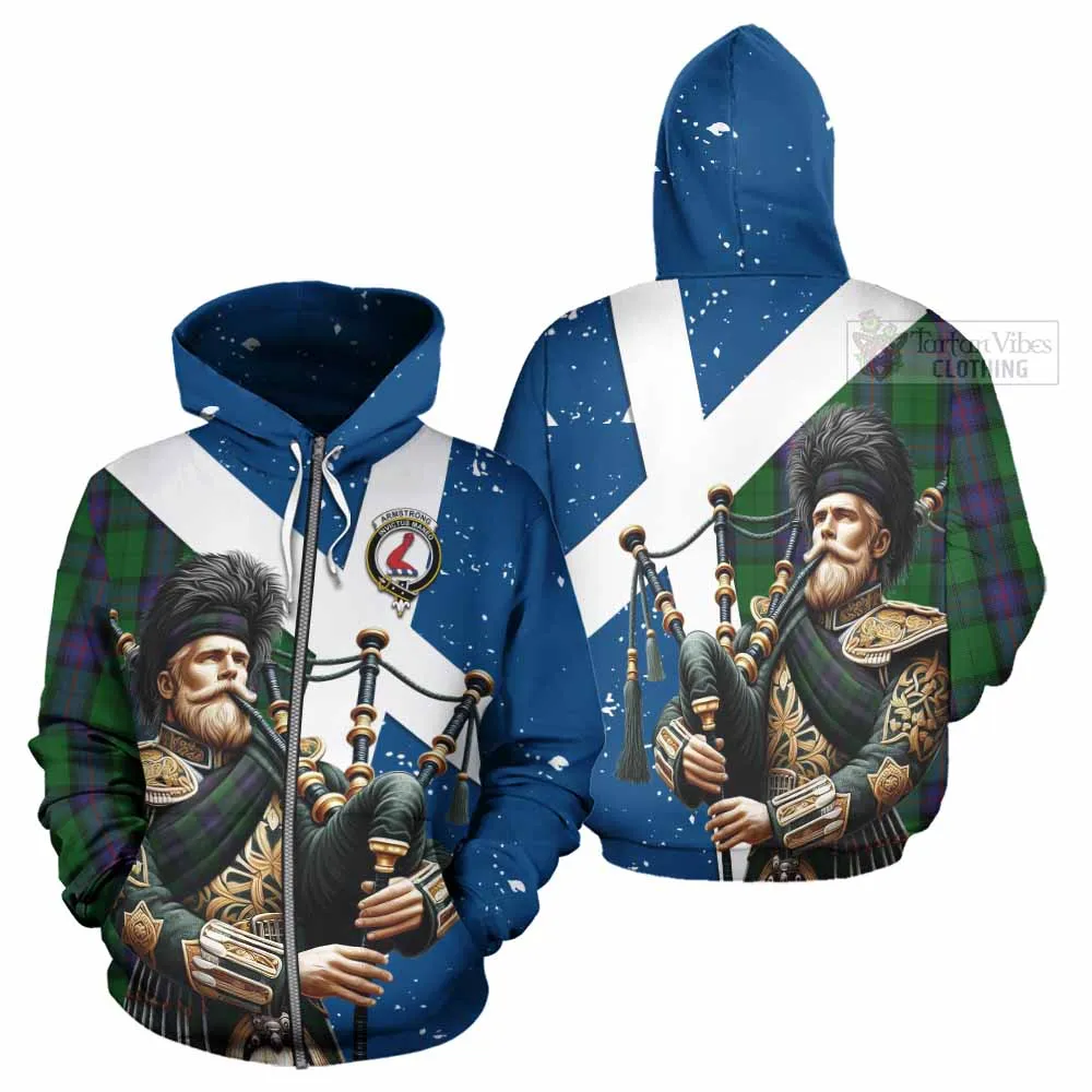 Armstrong Tartan Hoodie with Family Crest Scottish Bagpiper Vibes