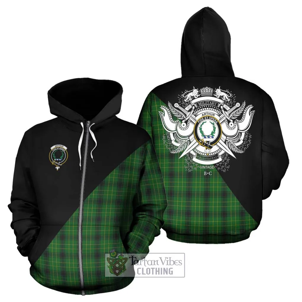 Arthur Highland Tartan Hoodie with Family Crest and Military Logo Style