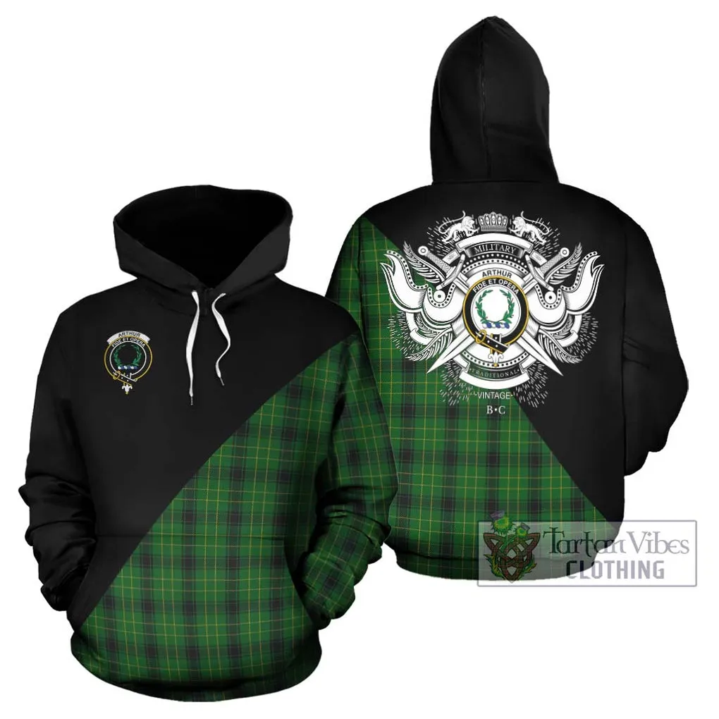 Arthur Highland Tartan Hoodie with Family Crest and Military Logo Style