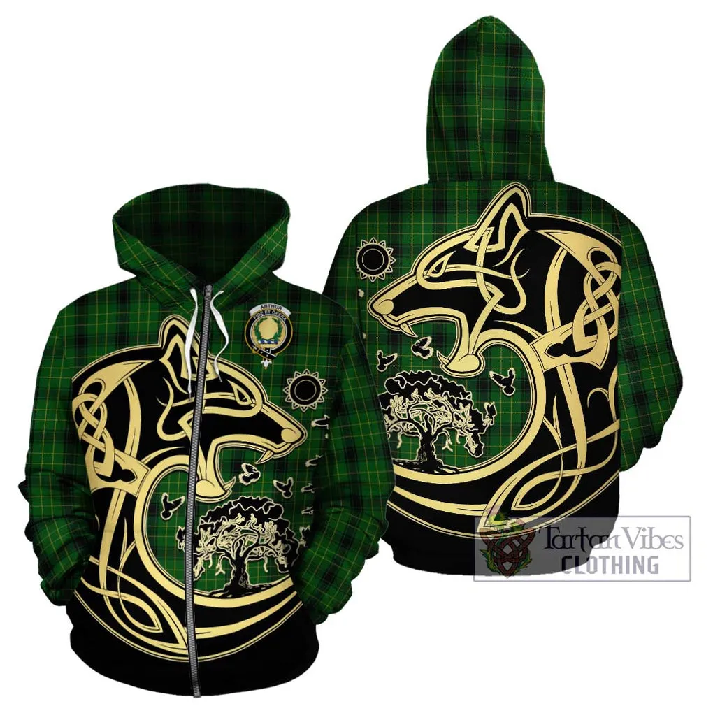 Arthur Highland Tartan Hoodie with Family Crest Celtic Wolf Style