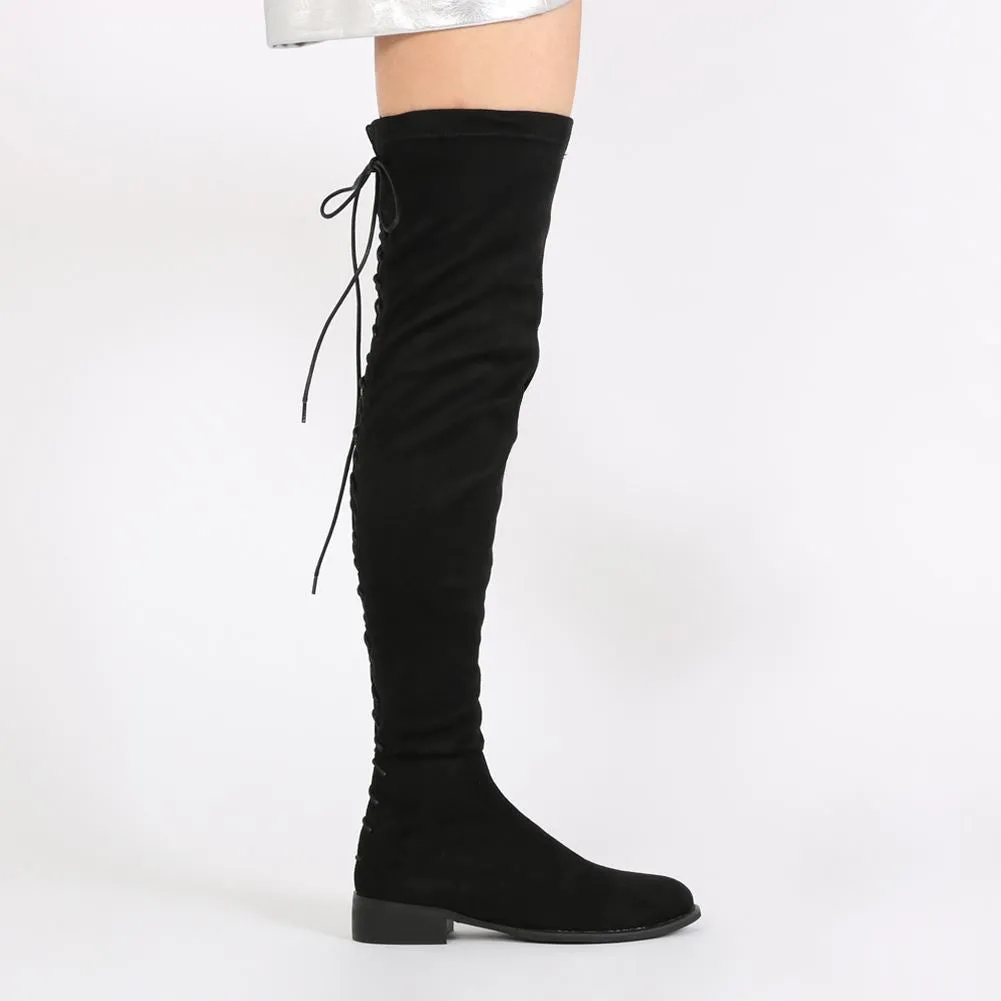 Arya Lace Up Back Flat Long Boots in Black Faux Suede