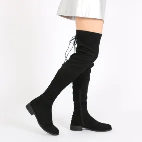 Arya Lace Up Back Flat Long Boots in Black Faux Suede