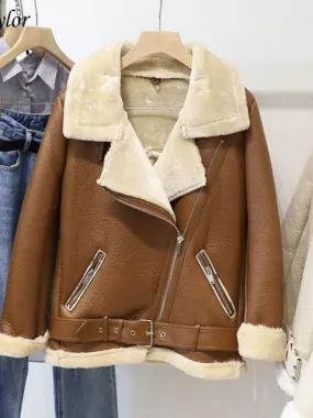 Ashore Shop Women's Sheepskin Faux Lamb Leather Fur Jacket Coat