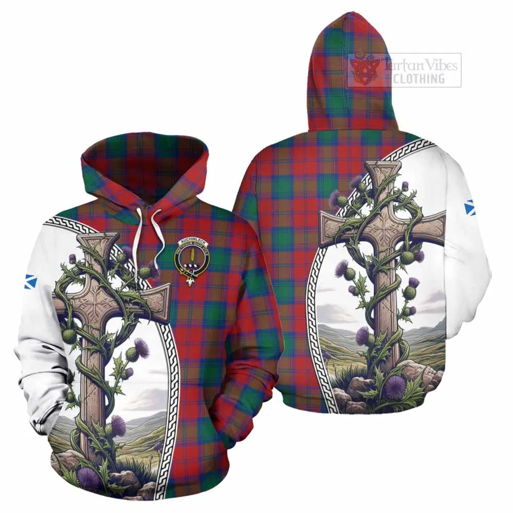 Auchinleck (Affleck) Tartan Hoodie with Family Crest and St. Andrew's Cross Accented by Thistle Vines