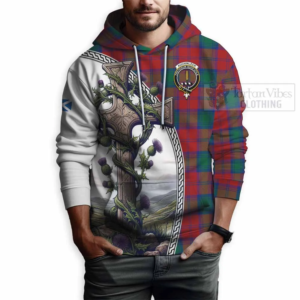 Auchinleck (Affleck) Tartan Hoodie with Family Crest and St. Andrew's Cross Accented by Thistle Vines