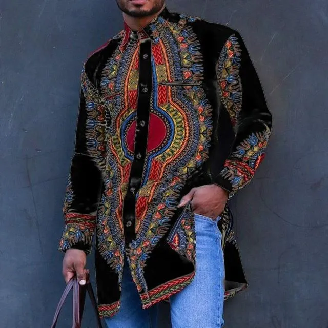 Autumn and Spring Fashion Style African Men Printing Polyester Plus Size Shirts M-4XL