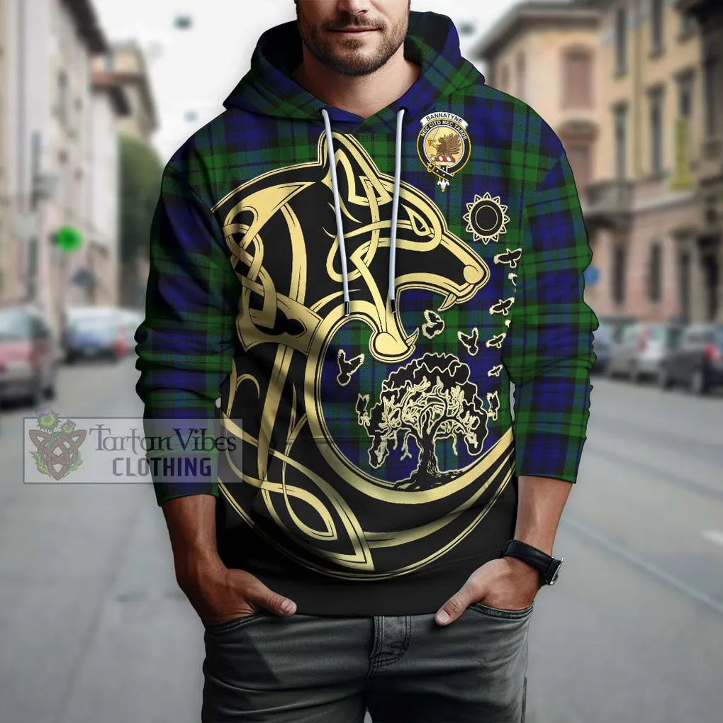 Bannatyne Tartan Hoodie with Family Crest Celtic Wolf Style