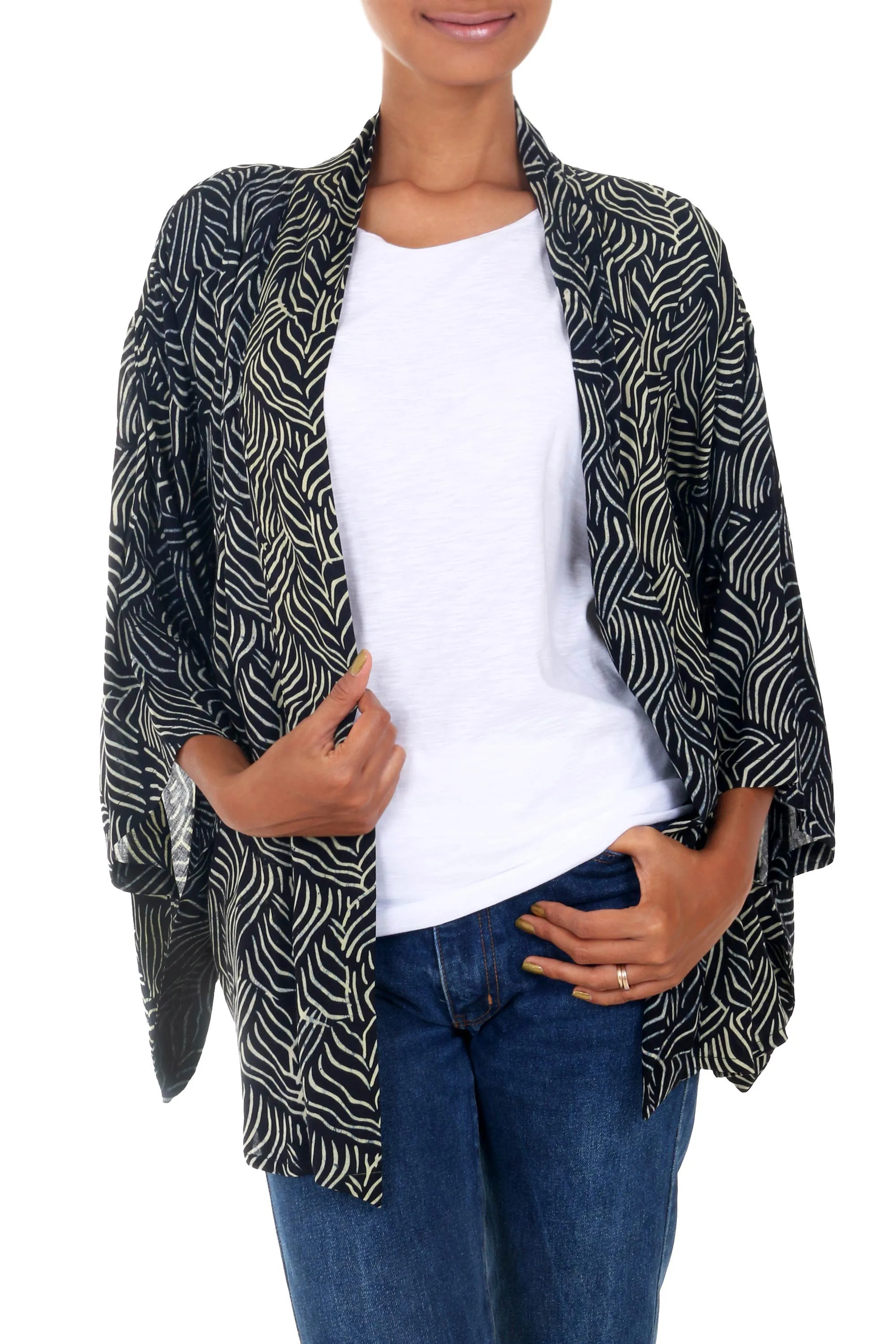 Bedeg Black and Ecru Rayon Batik Women's Open Front Jacket