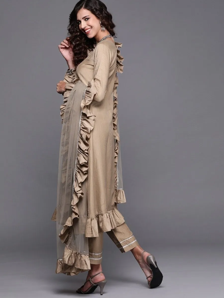 Beige Solid Kurta with Trouser and Dupatta