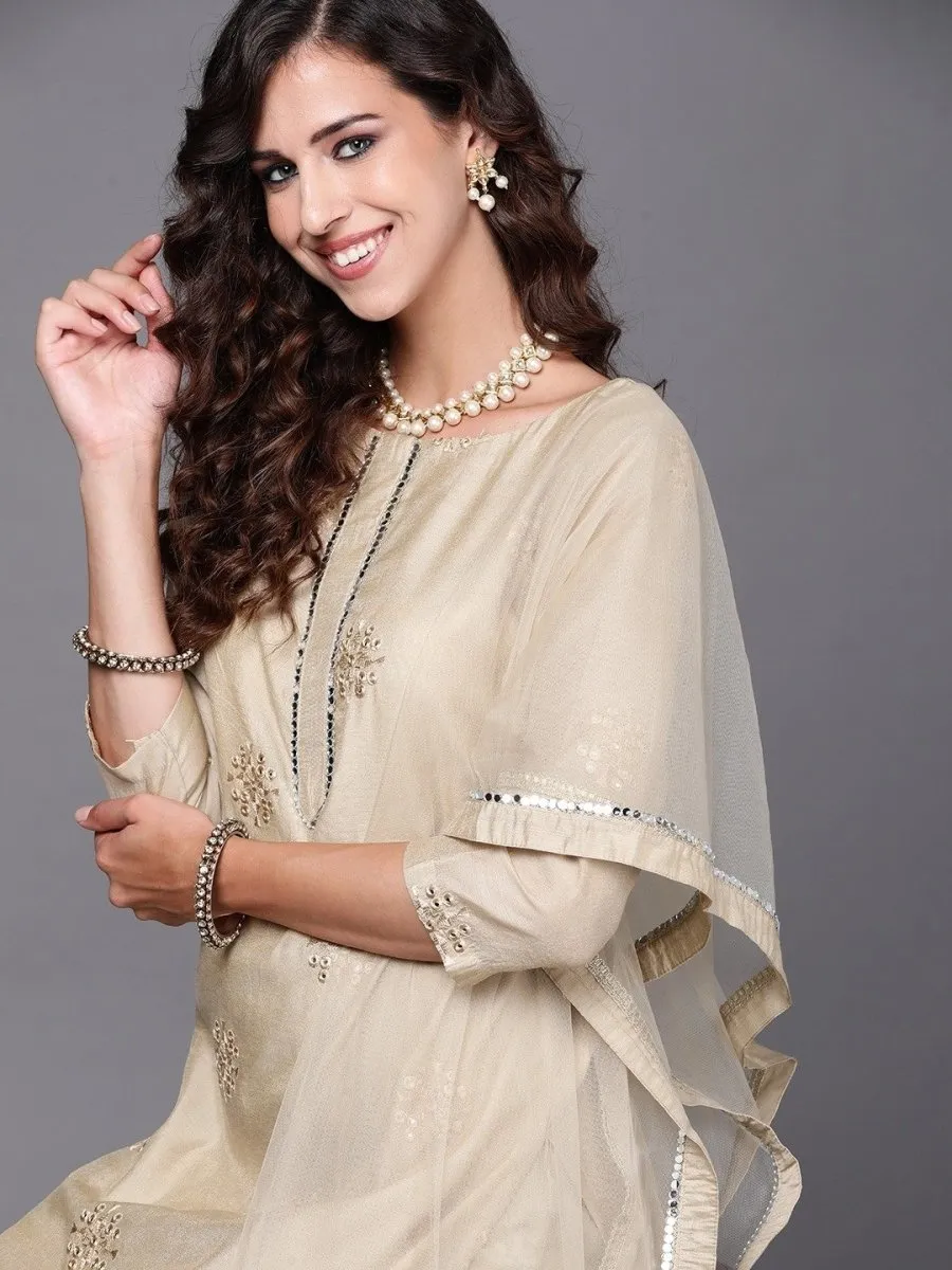 Beige Solid Kurta with Trouser and Dupatta