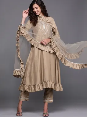 Beige Solid Kurta with Trouser and Dupatta