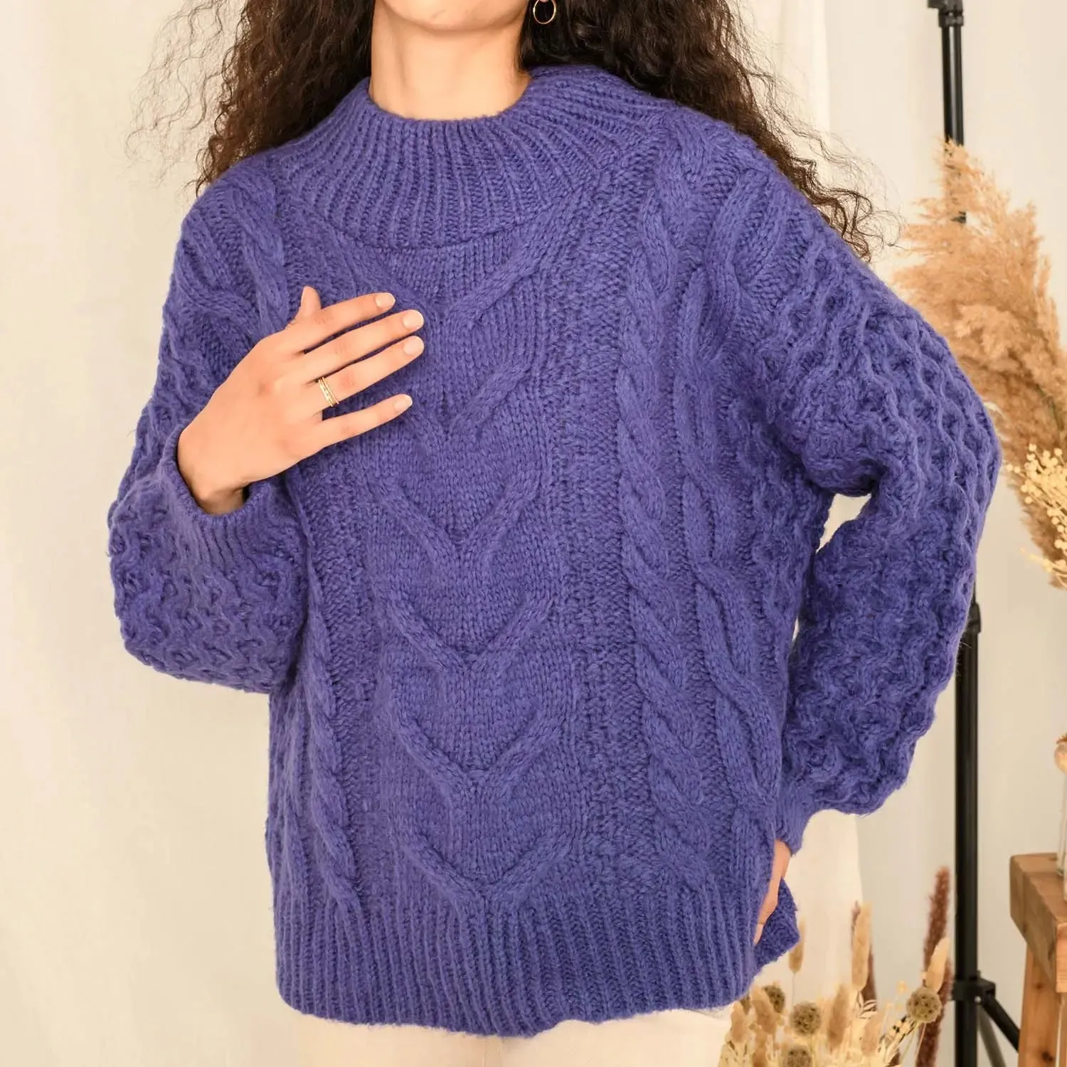 Bella Cable High Neck Jumper - Violet