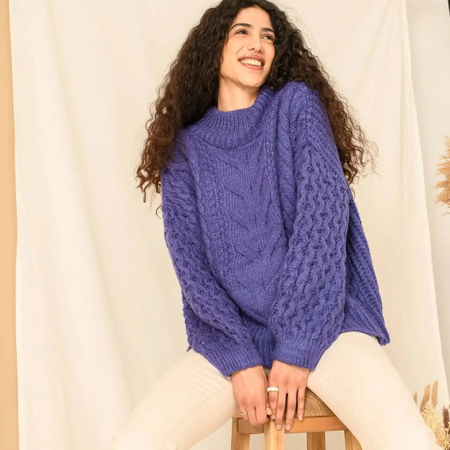 Bella Cable High Neck Jumper - Violet