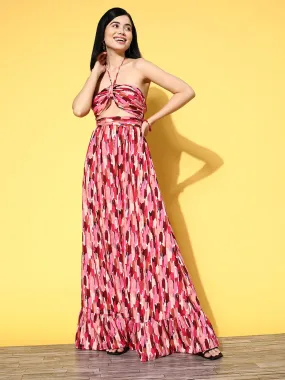 Berrylush Women Pink & White Abstract Printed Halter Neck Cutout Crepe Flared Maxi Dress