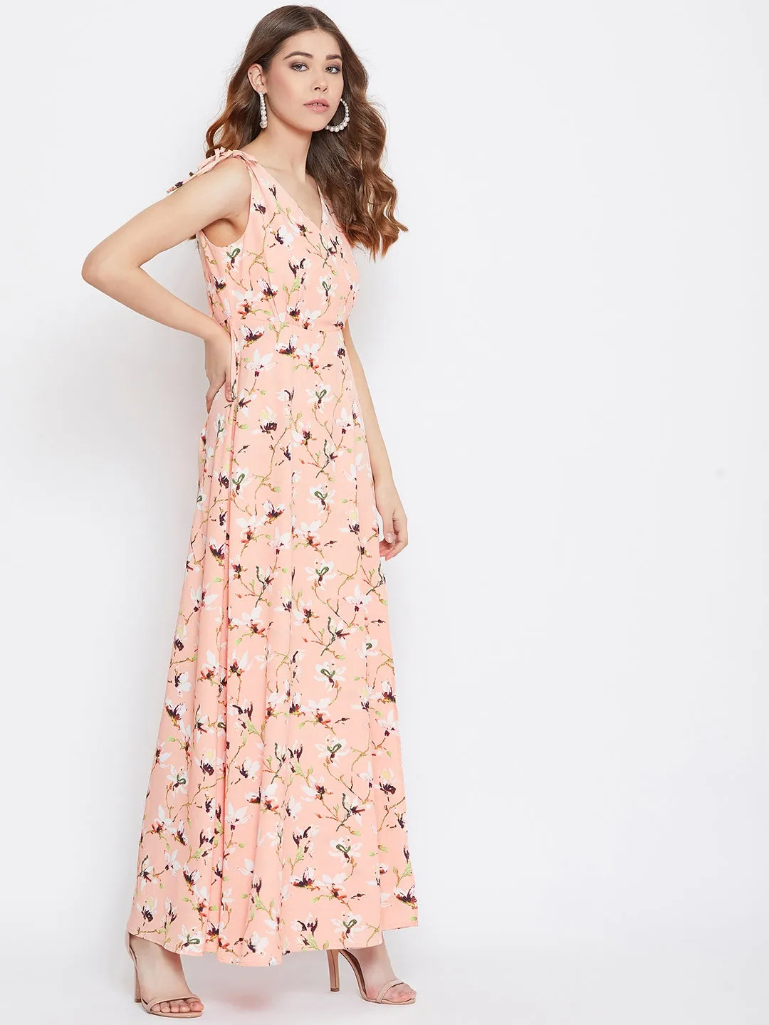 Berrylush Women Pink Floral Printed Tie-Knot A-Line Maxi Dress