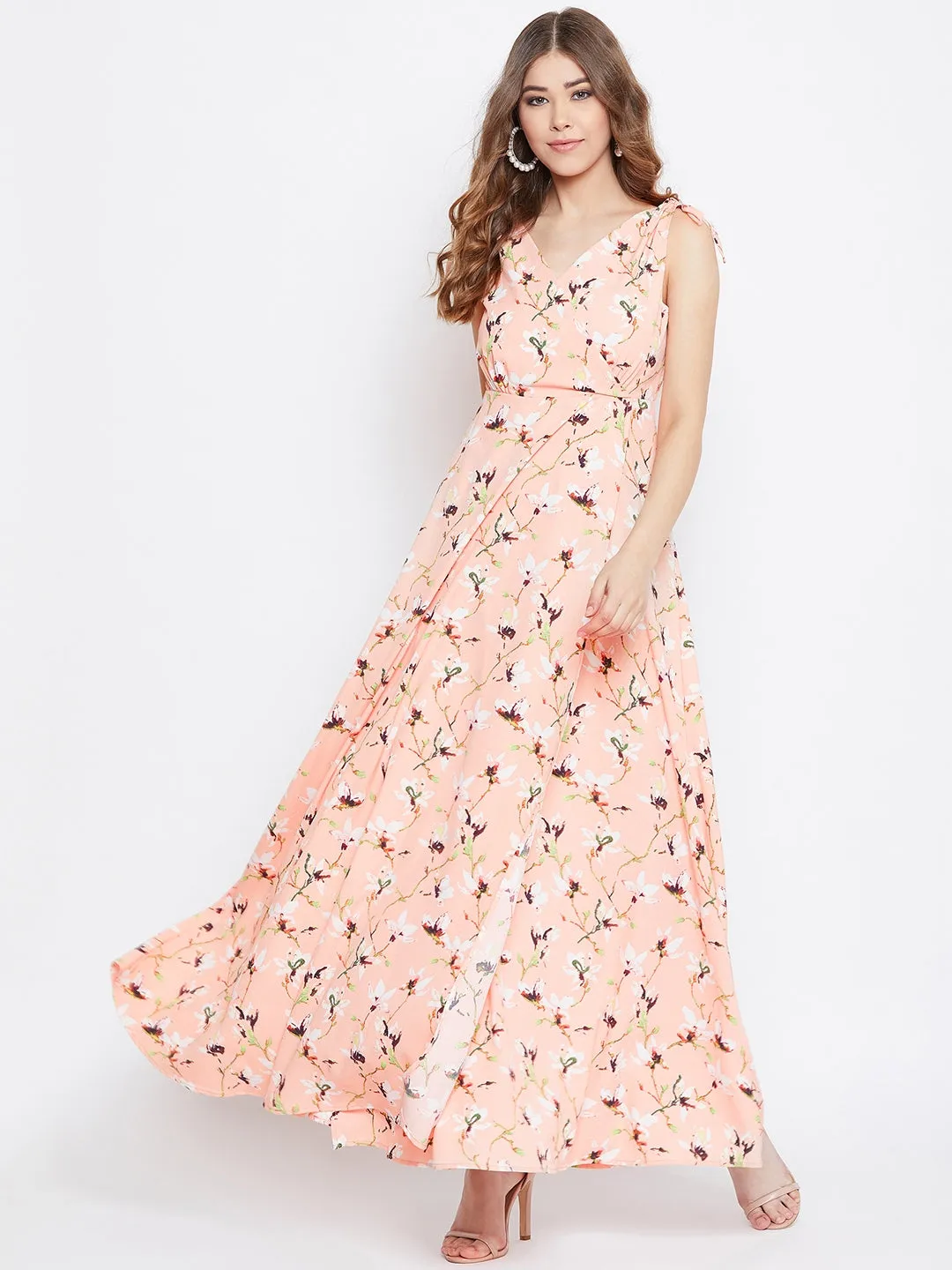 Berrylush Women Pink Floral Printed Tie-Knot A-Line Maxi Dress