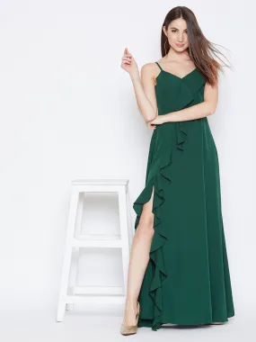 Berrylush Women Solid Dark Green V-Neck Sleeveless Crepe Ruffled Maxi Dress