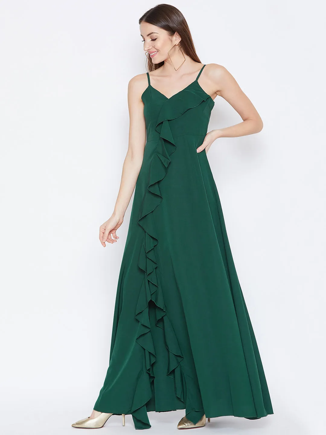 Berrylush Women Solid Dark Green V-Neck Sleeveless Crepe Ruffled Maxi Dress