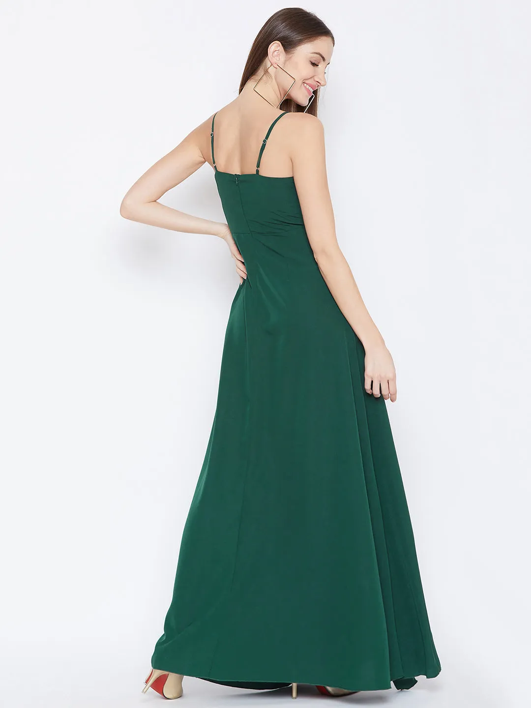 Berrylush Women Solid Dark Green V-Neck Sleeveless Crepe Ruffled Maxi Dress