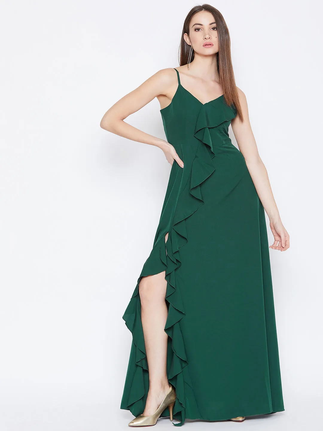 Berrylush Women Solid Dark Green V-Neck Sleeveless Crepe Ruffled Maxi Dress