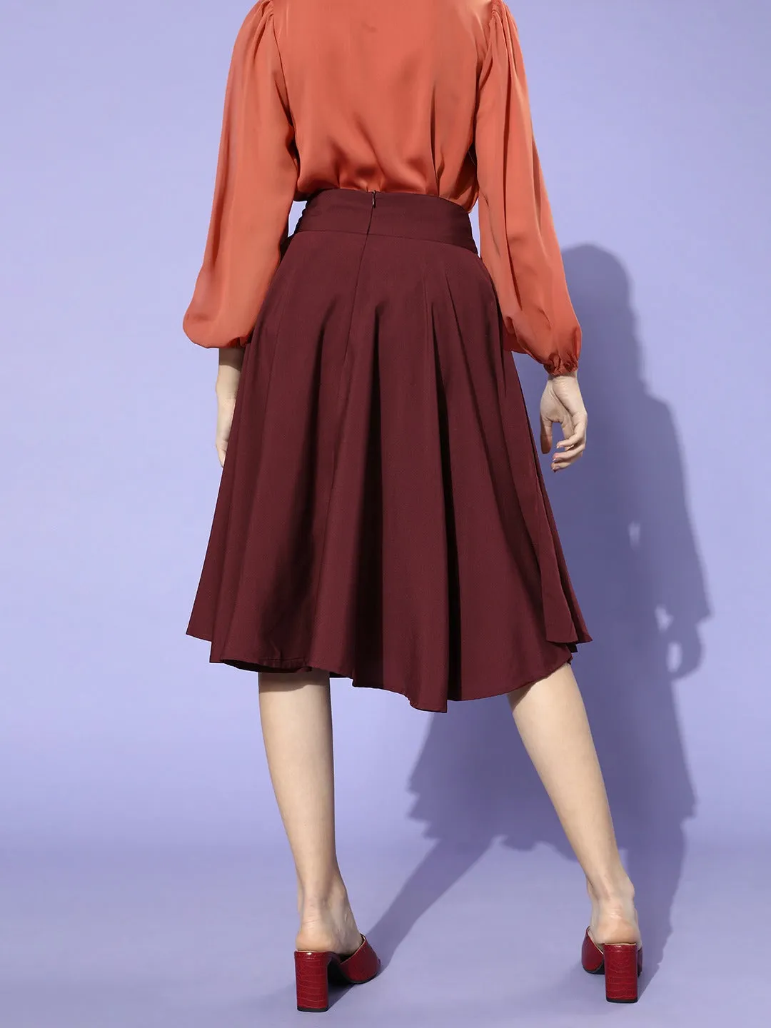 Berrylush Women Solid Maroon Flared A-Line Midi Skirt