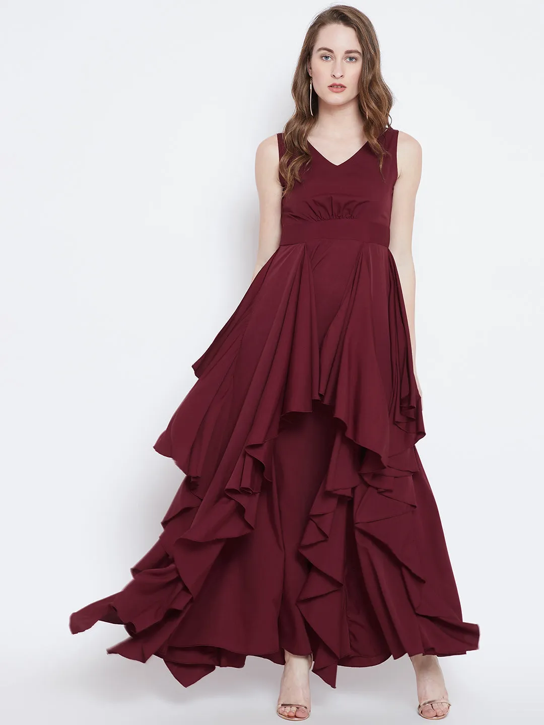 Berrylush Women Solid Maroon V-Neck Crepe Asymmetrical Hem Ruffled Maxi Dress