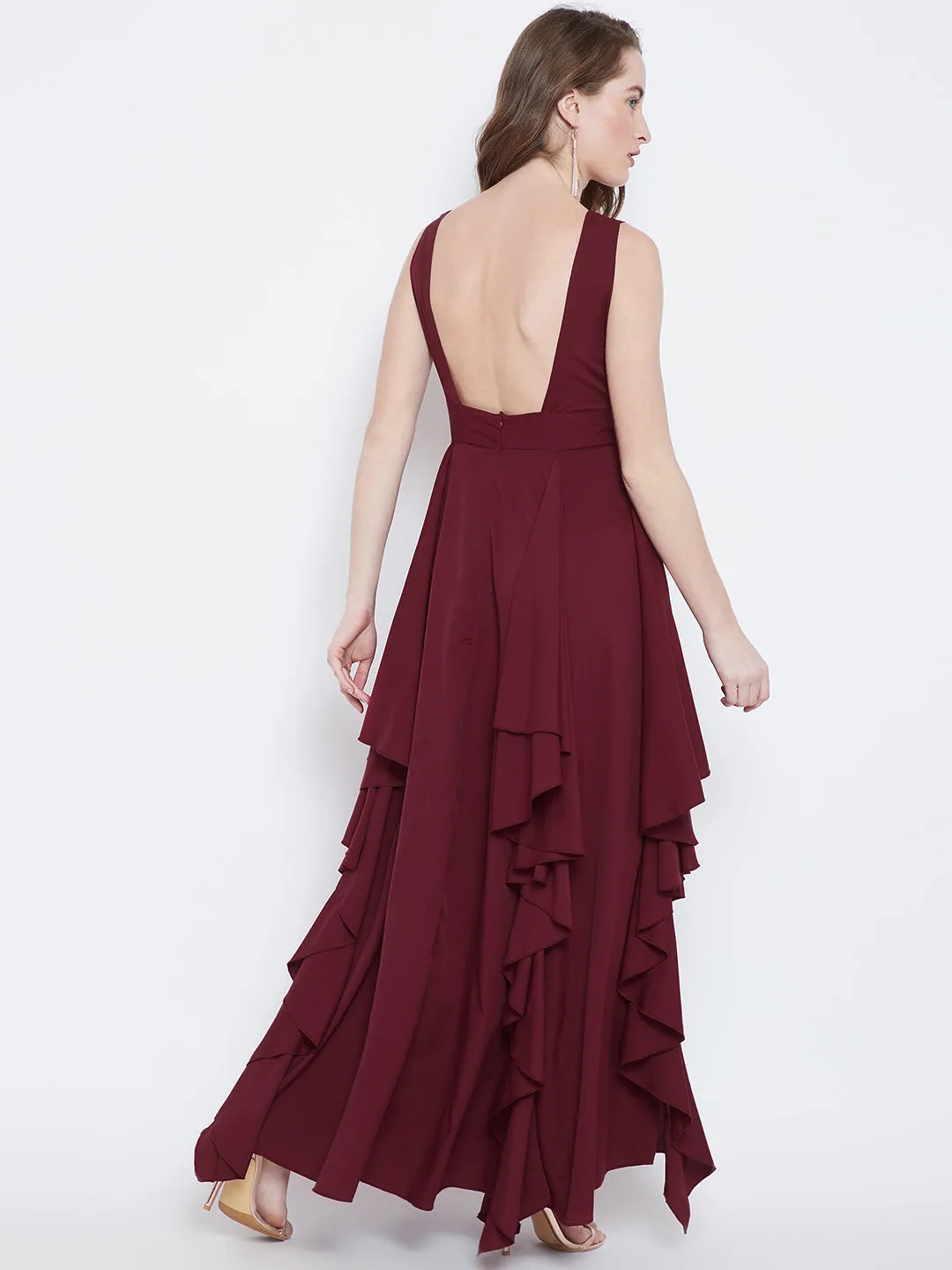 Berrylush Women Solid Maroon V-Neck Crepe Asymmetrical Hem Ruffled Maxi Dress