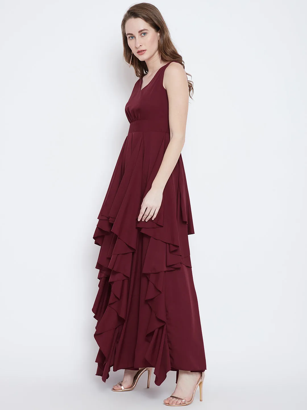 Berrylush Women Solid Maroon V-Neck Crepe Asymmetrical Hem Ruffled Maxi Dress