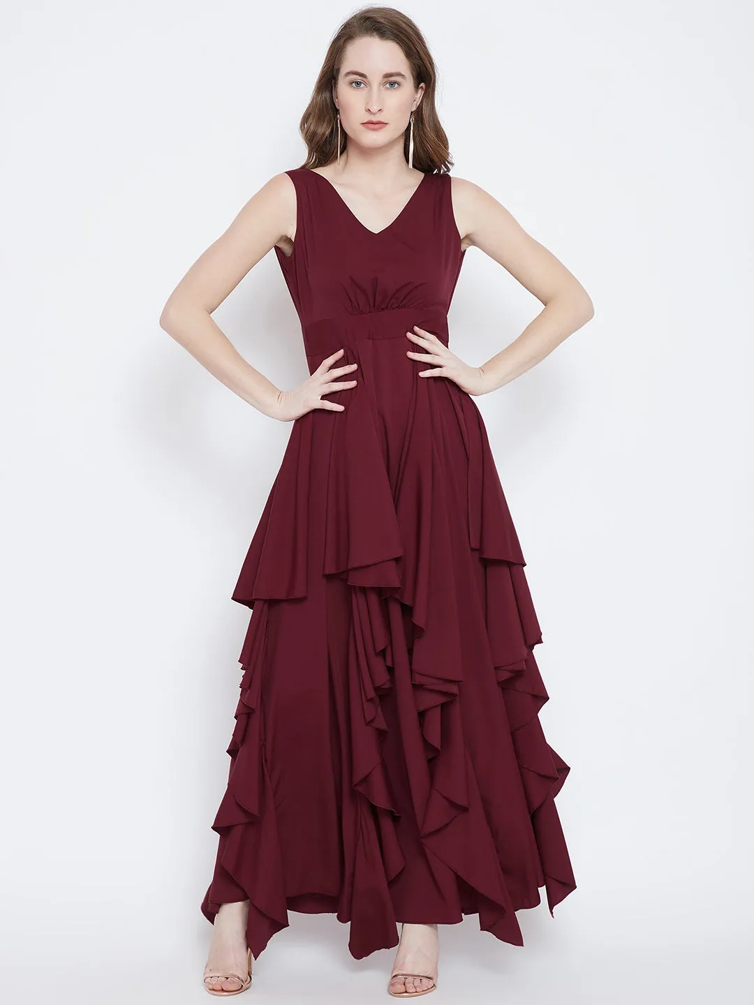 Berrylush Women Solid Maroon V-Neck Crepe Asymmetrical Hem Ruffled Maxi Dress