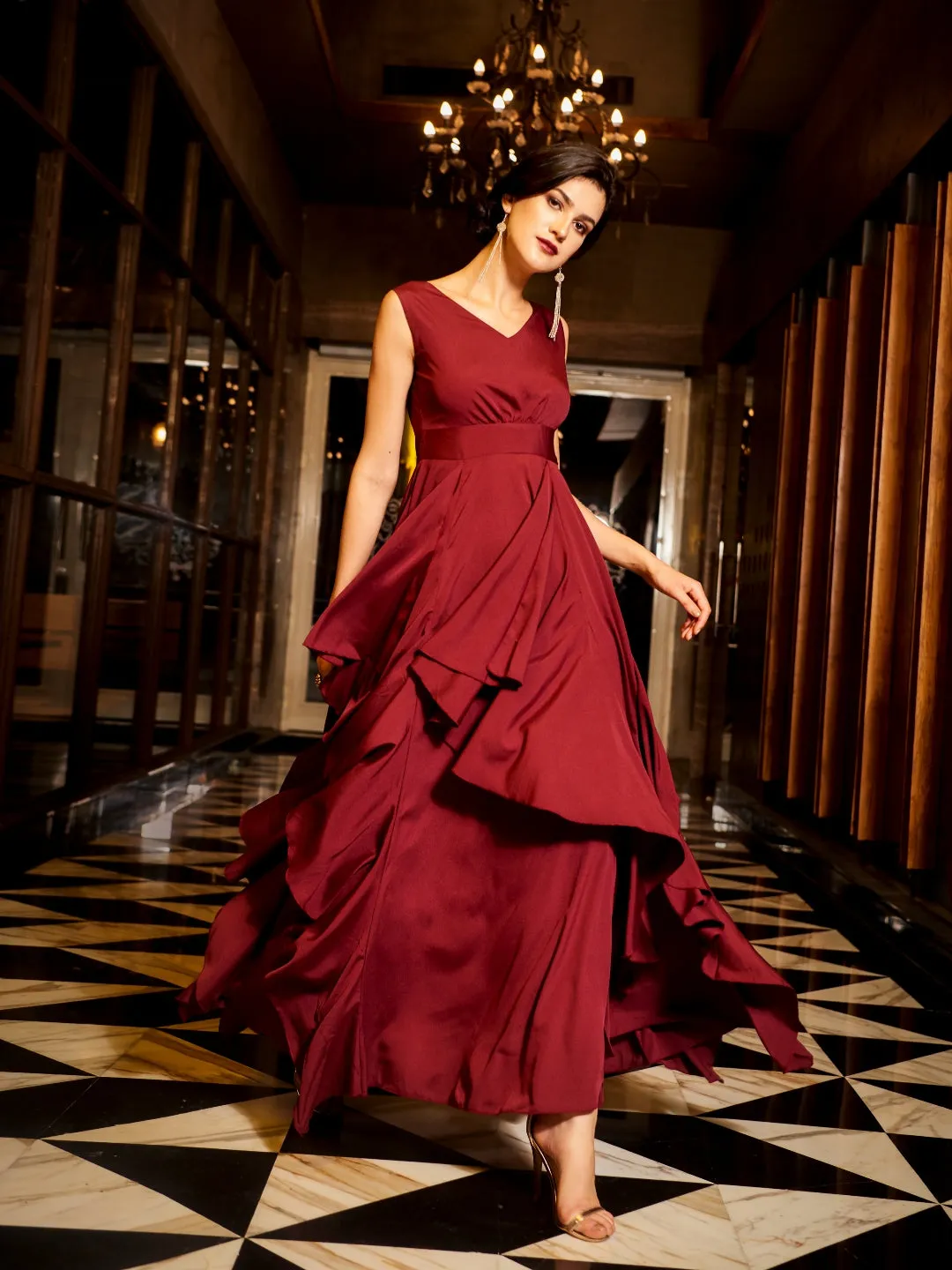 Berrylush Women Solid Maroon V-Neck Crepe Asymmetrical Hem Ruffled Maxi Dress