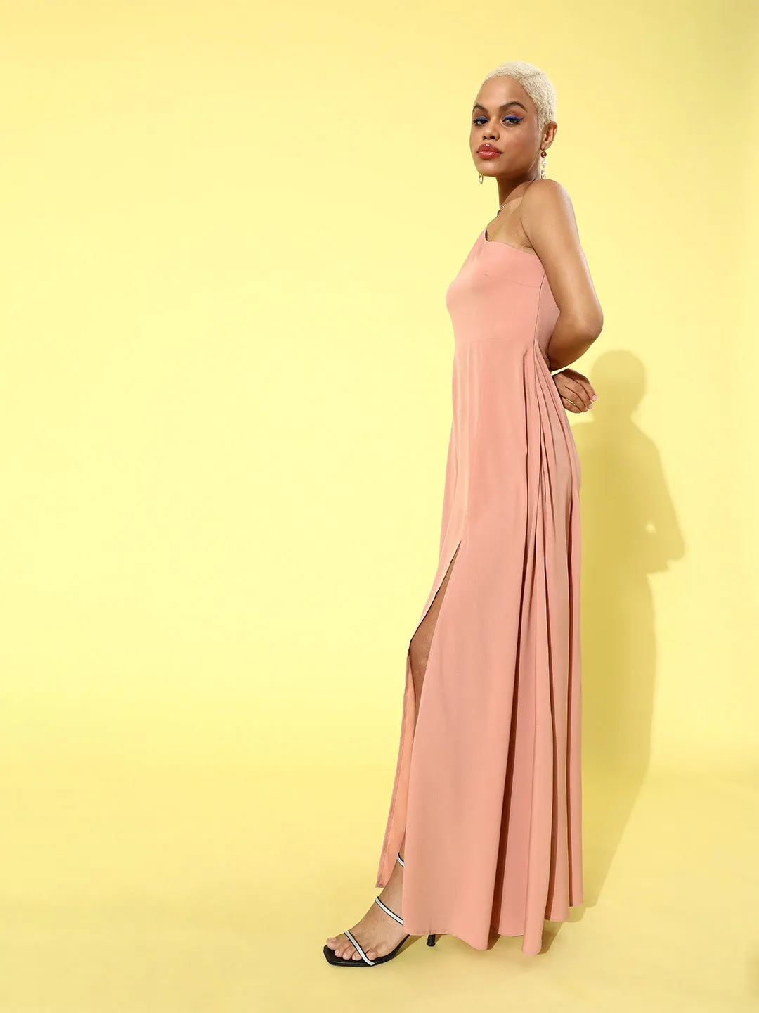 Berrylush Women Solid Pink One-Shoulder Thigh-Slit Flared Maxi Dress