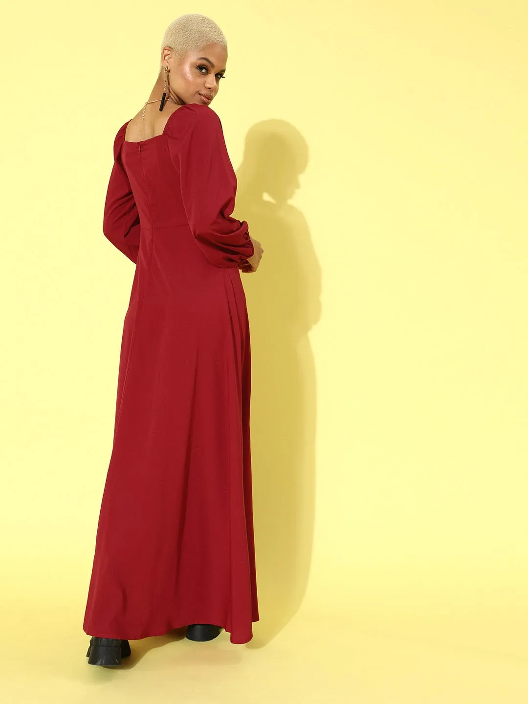 Berrylush Women Solid Red Puffed Sleeve Maxi Dress