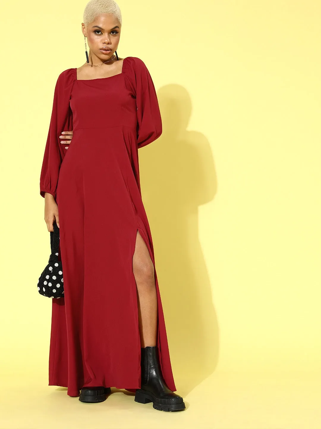 Berrylush Women Solid Red Puffed Sleeve Maxi Dress