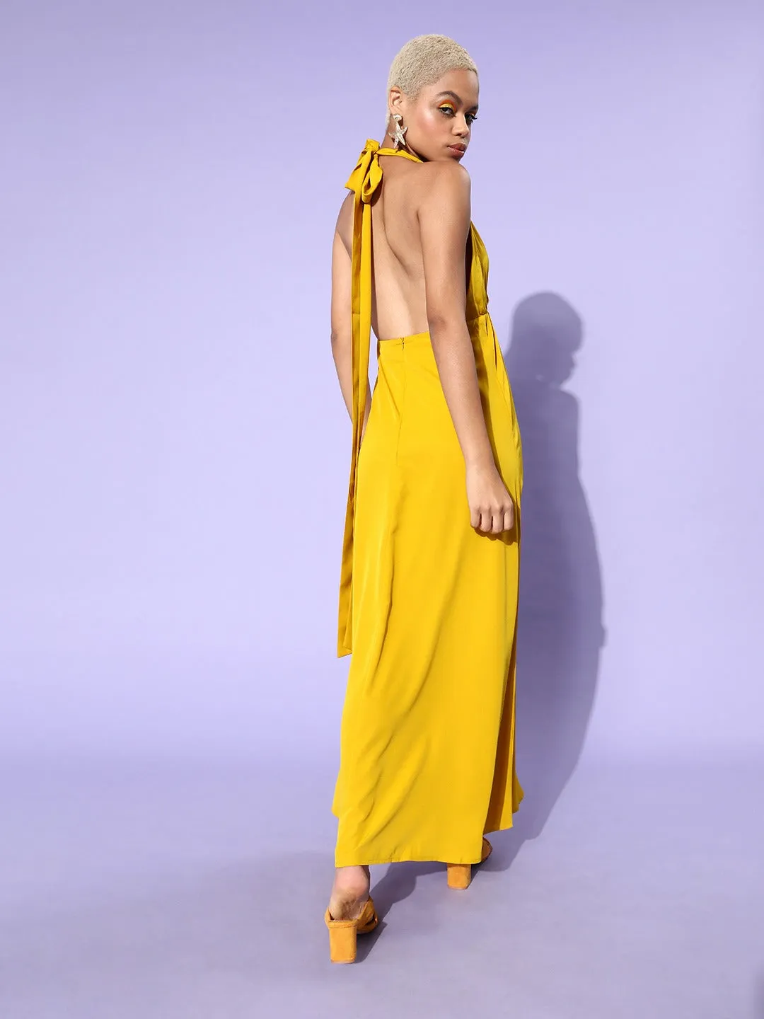 Berrylush Women Solid Yellow Halter Neck Sleeveless Crepe Maxi Dress