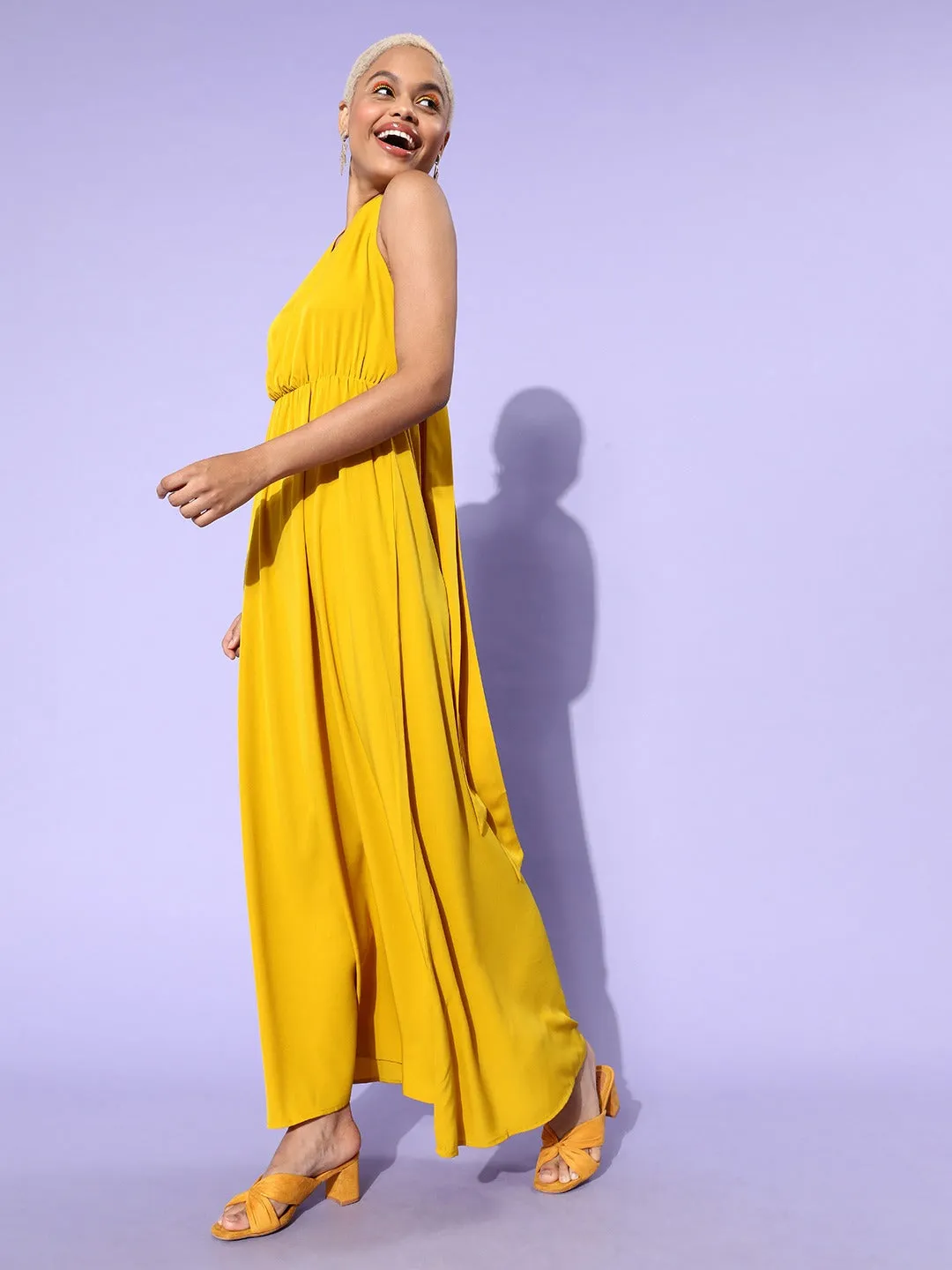 Berrylush Women Solid Yellow Halter Neck Sleeveless Crepe Maxi Dress