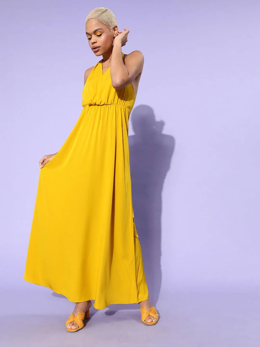 Berrylush Women Solid Yellow Halter Neck Sleeveless Crepe Maxi Dress