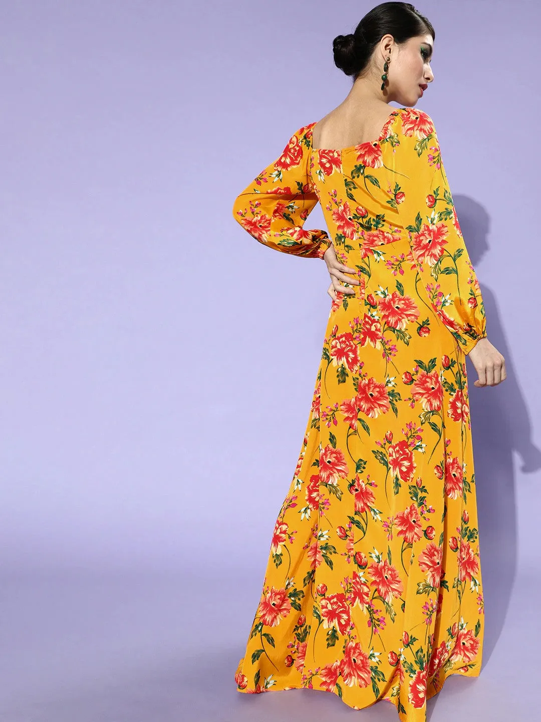 Berrylush Women Yellow Floral Printed Square-Neck Thigh-Slit Maxi Dress