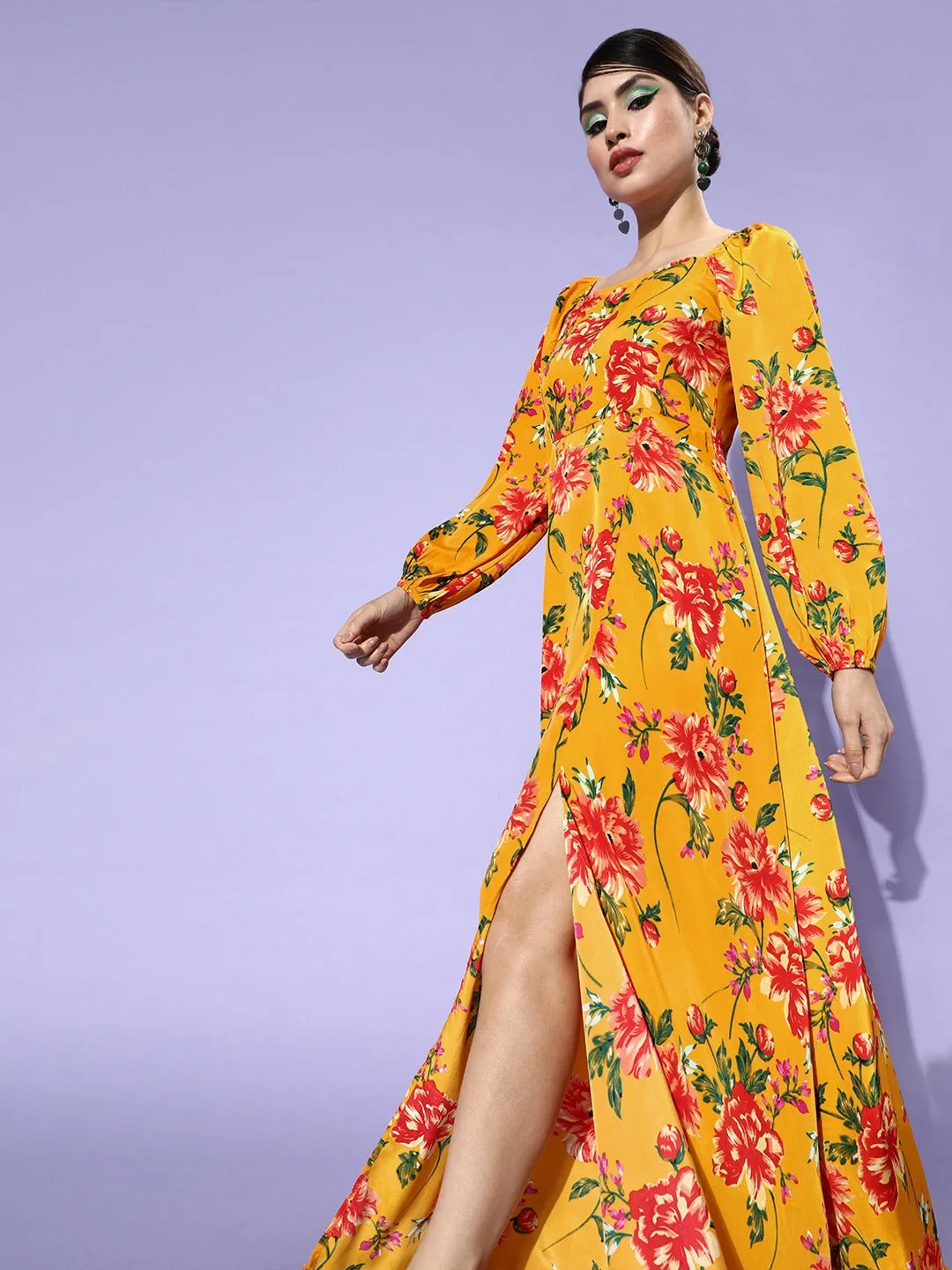 Berrylush Women Yellow Floral Printed Square-Neck Thigh-Slit Maxi Dress