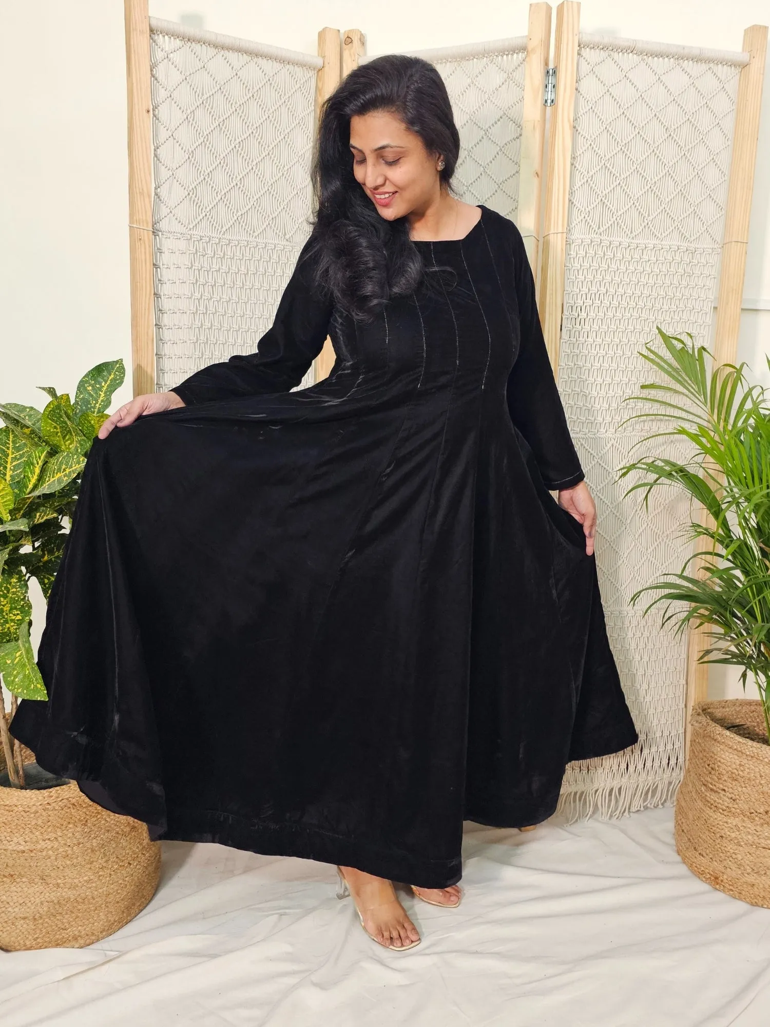 Black Velvet Long Dress with Thread Work