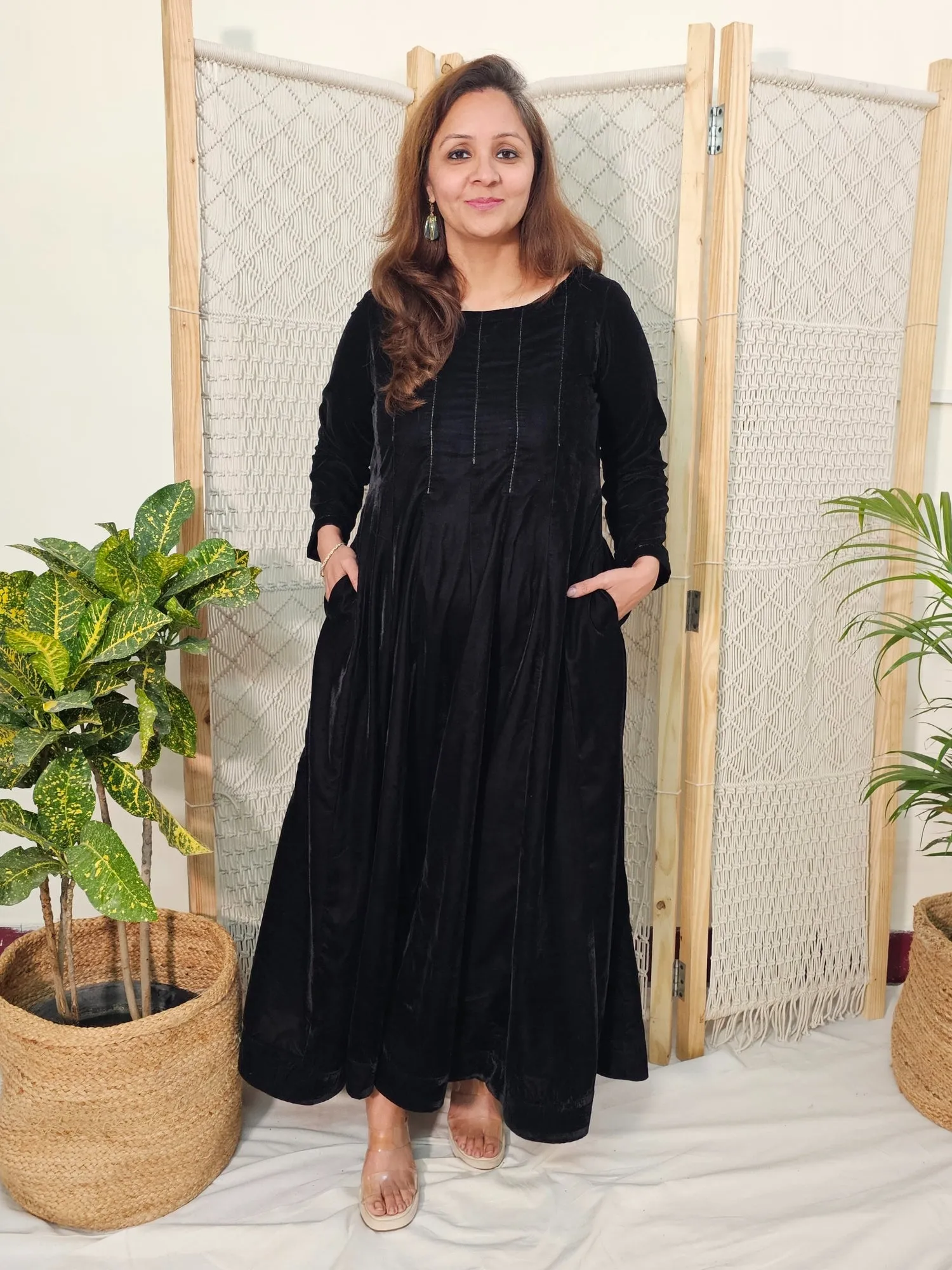 Black Velvet Long Dress with Thread Work