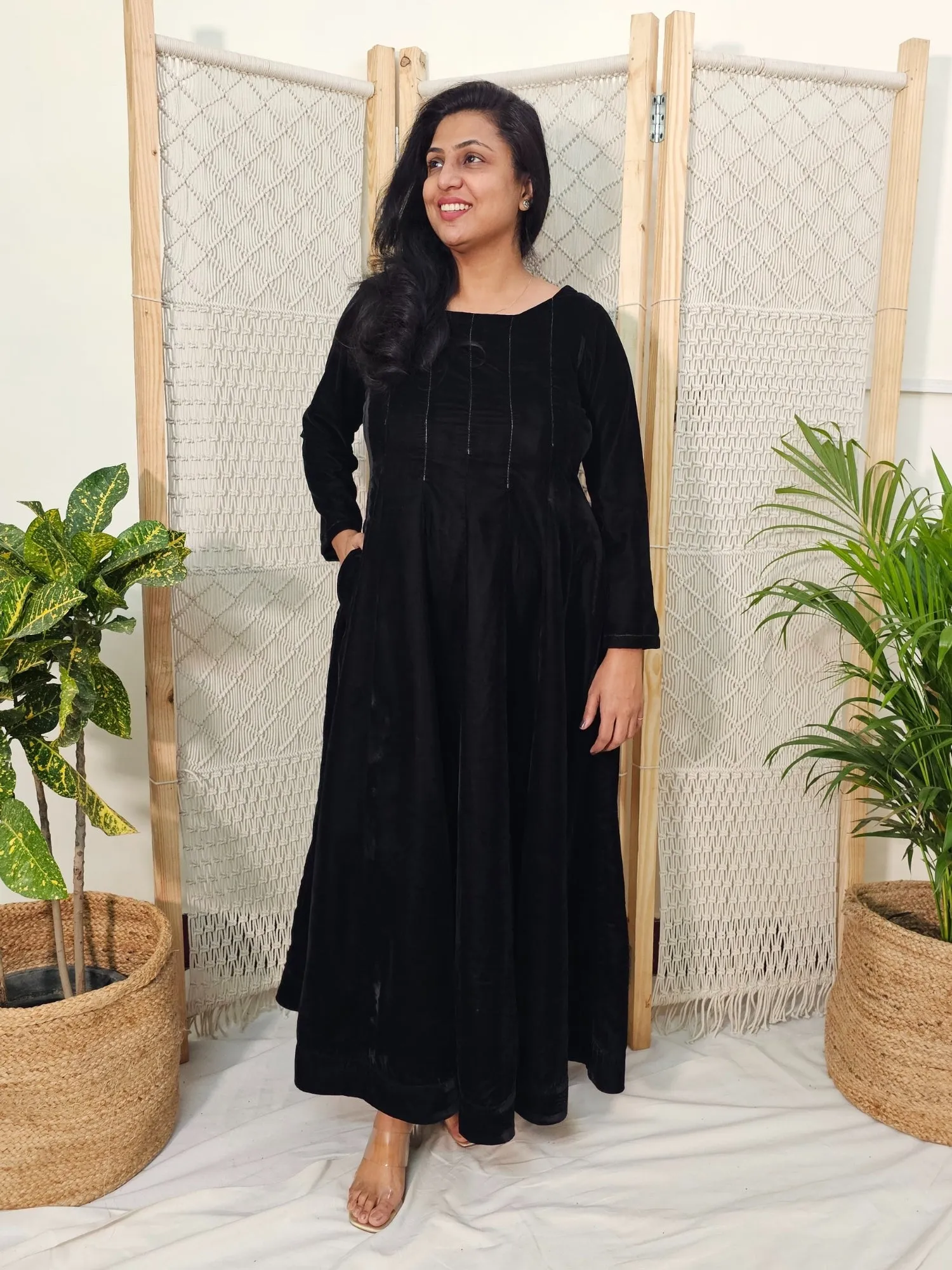 Black Velvet Long Dress with Thread Work