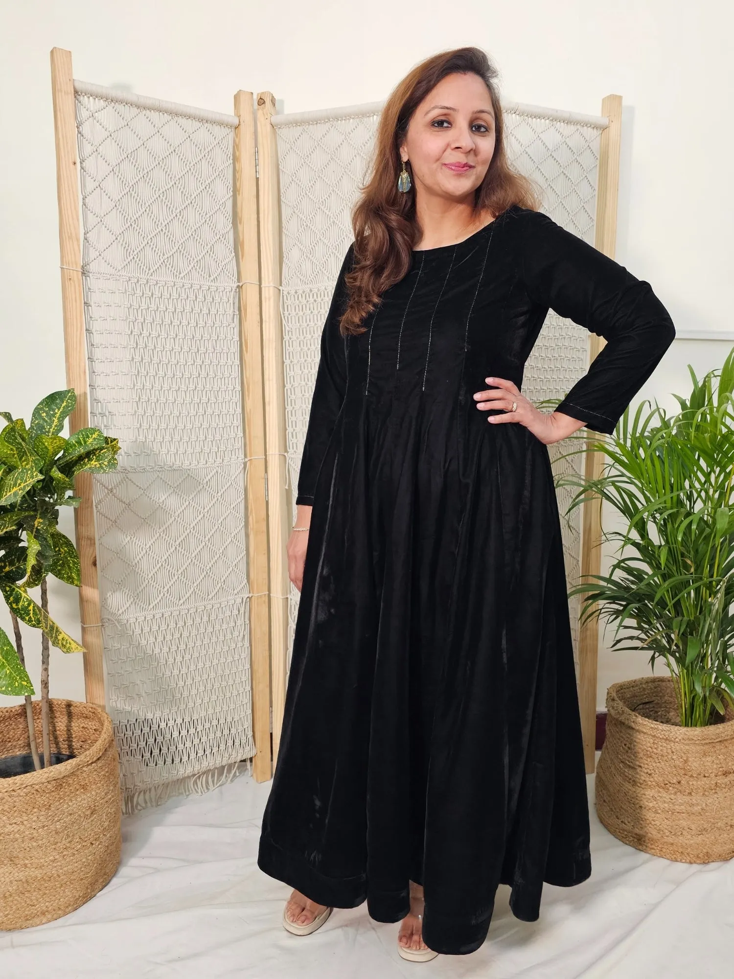 Black Velvet Long Dress with Thread Work